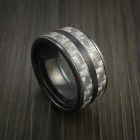 Black Titanium Men's Ring with Silver Texalium Carbon Fiber Inlay Custom Made Wedding Band