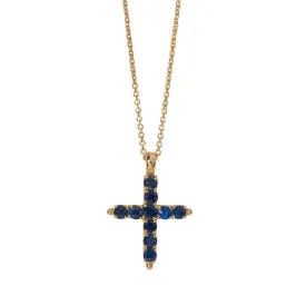 Blue Sapphire Cross 18K Gold Pendant Necklace