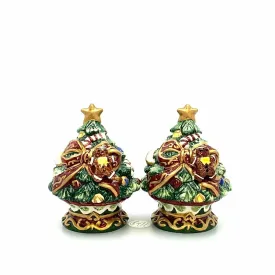 Christmas Tree Red Bow Gingerbread Man Salt Pepper Shakers Set Pair Ceramic