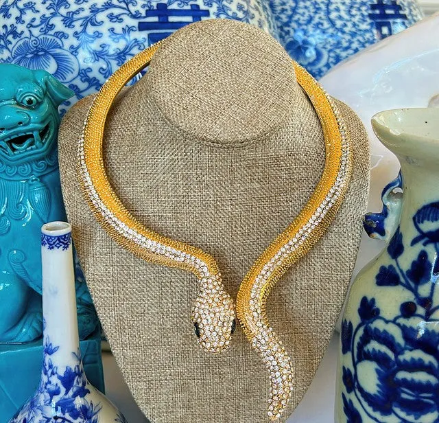 Fabulous statement piece, gold rhinestone encrusted snake choker style necklace.