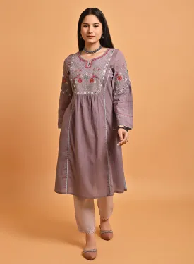 Light Purple Embroidered A-Line Long Kurta