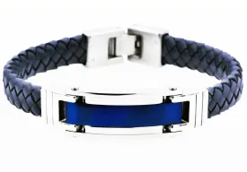 Mens Blue Stainless Steel Blue Leather Bracelet