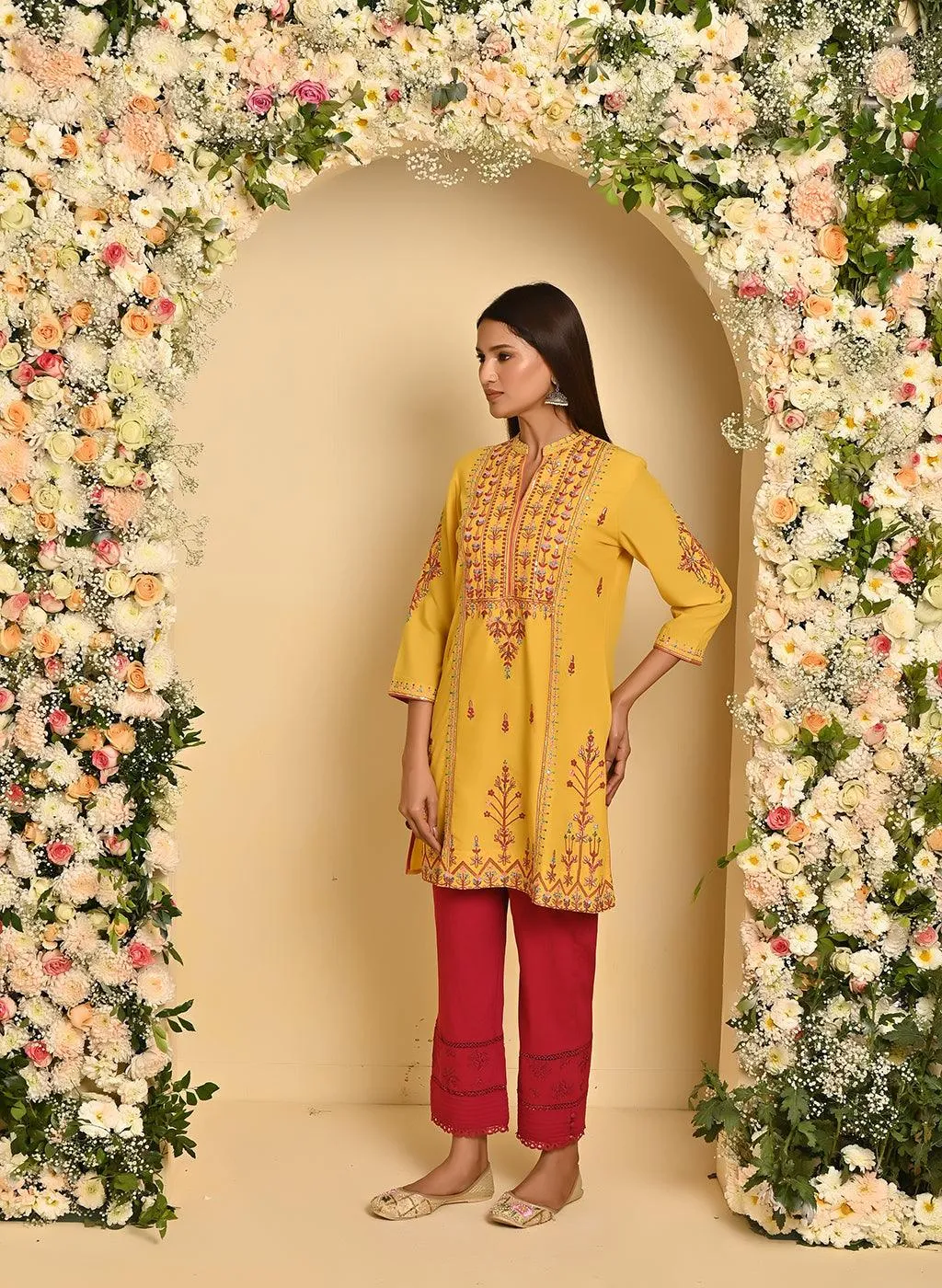 Mustard Embroidered Thigh-length Kurti with 3/4th Sleeves