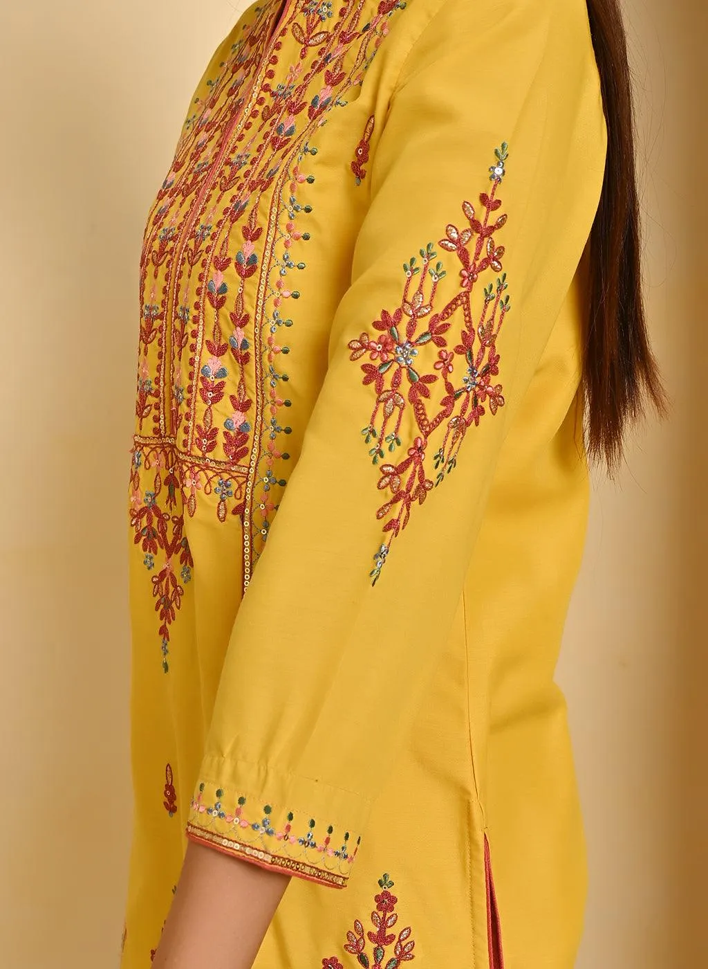 Mustard Embroidered Thigh-length Kurti with 3/4th Sleeves