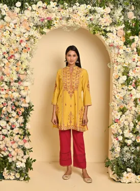 Mustard Embroidered Thigh-length Kurti with 3/4th Sleeves