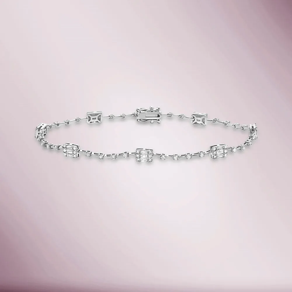 Round & Baguette Diamonds Rectangular Shape Link Bracelet (1.75 ct.) Buttercup Setting in 14K Gold